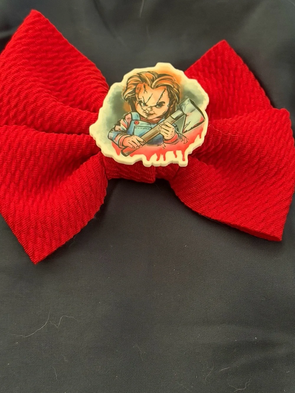 Red Bow Hair Clip with Character Badge